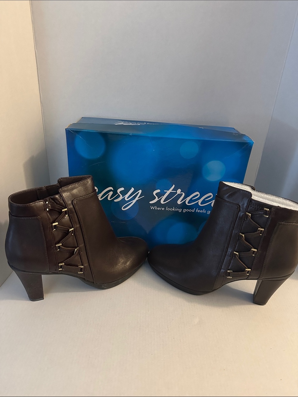 Easy Street Dark Brown Ankle Booties with Side Lace Detail